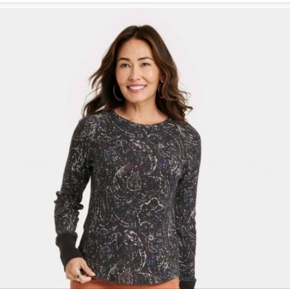 Knox Rose Paisley Waffle Knit Long Sleeve Shirt XL